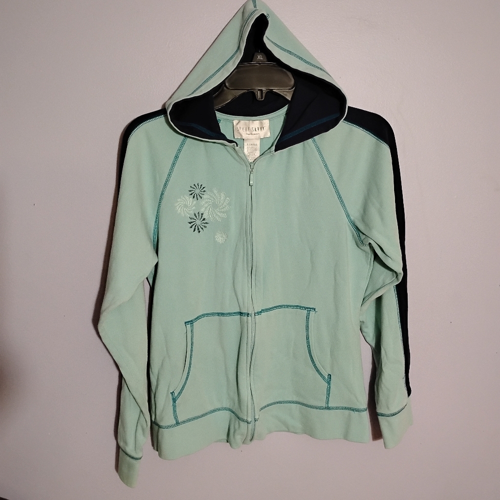 Y2K Mint Green Zip-Up Hoodie with Floral Design